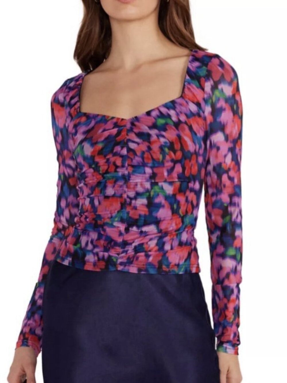 NWT MinkPink Mesh Ruched Calista Top Y2K-Style Floral Sheer Vibrant Girly, L